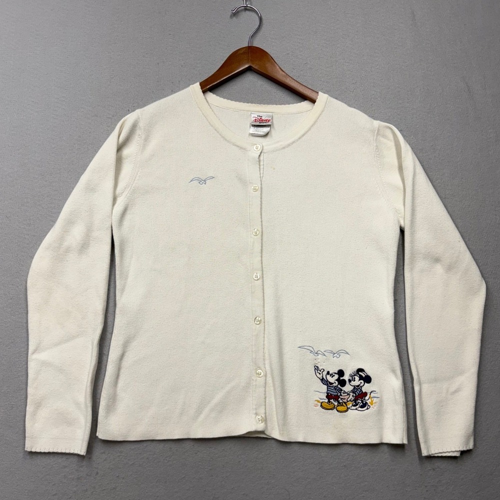 Disney Store Cardigan Women M White Mickey Minnie Beach Vintage Cotton Sweater